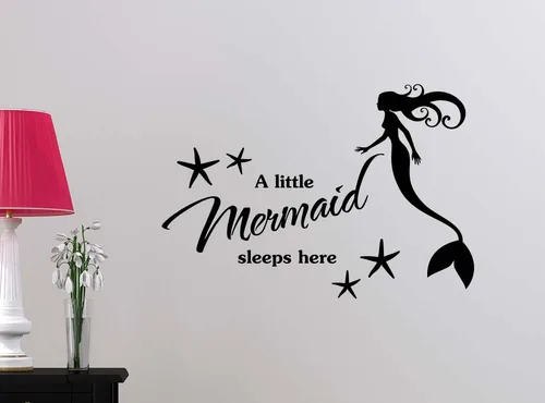 A Mermaid Sleeps Here Starfish Beach Love Cute Playroom Sticker Nursery Vinyl Saying Lettering Wall Art Letrero inspirador Decoración de pared
