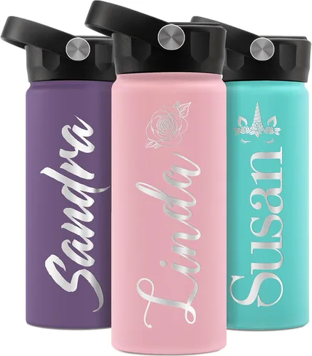 Botella de agua para niños, botella de agua personalizada con tapa de popote y nombre grabado, 18 onzas, 20 iconos, 20 fuentes, 8 colores, regalos