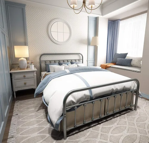 Vista 9 de TEMMER - Cama con estructura de tubos de metal de tamaño queen con cabecera, piecera y base de colchón de plataforma única, 8013 8033 8018.