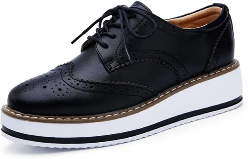 Vista 9 de DADAWEN - Zapatos con cintas tipo Oxford, con plataforma, para mujer, punta cuadrada Albaricoque