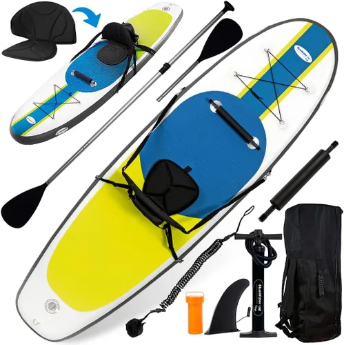 Blue Water Toys Kit de tabla de remo inflable Crossover de pie o kayak: bomba, mochila, correa de bobina, paletas, asiento desmontable, límite de