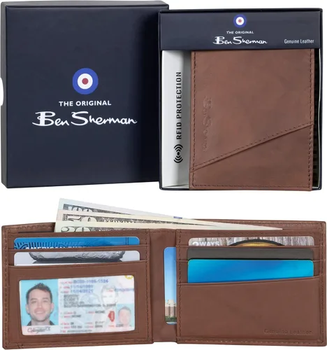 Vista 5 de Ben Sherman Men's Manchester Slim Bifold Full-Grain Leather RFID Minimalist Gift Box Wallet