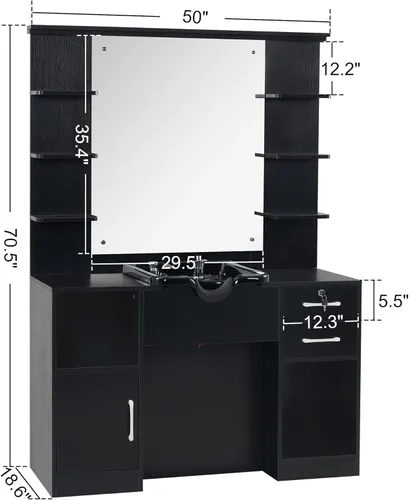 Vista 2 de BarberPub Estación de almacenamiento de montaje en pared con espejo Champú Bowl High-end Styling salón de belleza Muebles Set 3145 (negro)