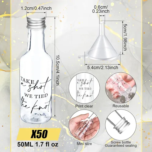 Vista 30 de Bokon Mini Wedding Liquor Bottles Take a Shot We Tied The Knot Shot Glasses for Guests 1.7 Fl Oz/ 50 ml Plastic Reusable Empty Bottle with Cap