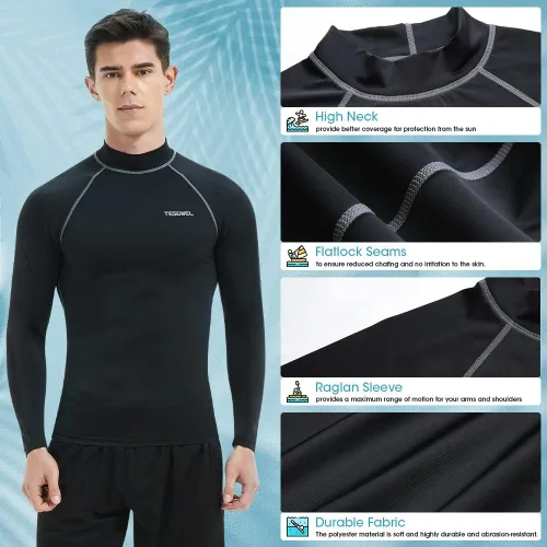 Vista 5 de Tesuwel Rash Guard for Men Long Sleeve UPF 50+ Mens Swim Shirts UV Protection Compression Surfing Water Shirts Quick Dry