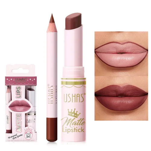 Vista 9 de Set de lápiz labial y delineador de labios USHAS 2 en 1, lápiz labial mate impermeable para mujer, duradero, con set de maquillaje