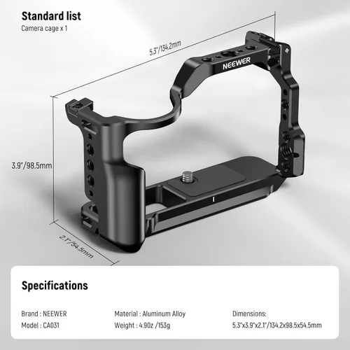 Vista 9 de NEEWER Camera Cage, Aluminum Video Rig with NATO Rail, 1/4" Threads, 3/8" ARRI Holes, Cold Shoe, Anti Twist, Compatible with DJI Gimbals Arca Type