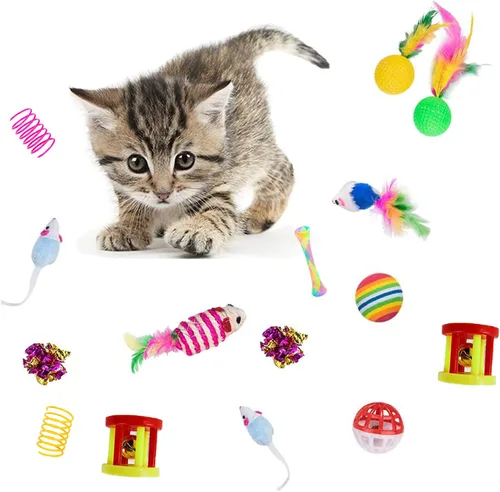 Vista 4 de 32 piezas de juguetes para gatos, juguetes interactivos para gatitos, surtidos de juguetes para mascotas, túnel de arco iris plegable, varita teaser