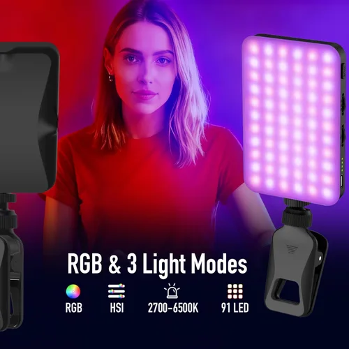 Vista 7 de Cargador portátil de 91 LED, luz para selfie, iluminación de videoconferencia con clip y adaptador de trípode para cámara, recargable, 2000 mAh, CRI