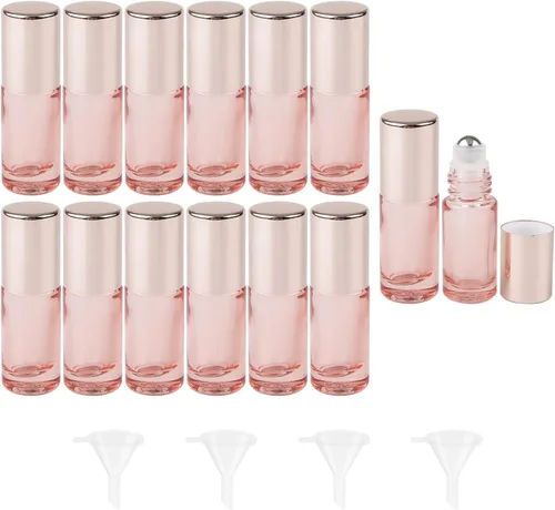 Kesell 14 paquetes de botellas roll-on de 5 ml, de vidrio transparente rosa, vacías, recargables, con muestras, con bolas de acero inoxidable para
