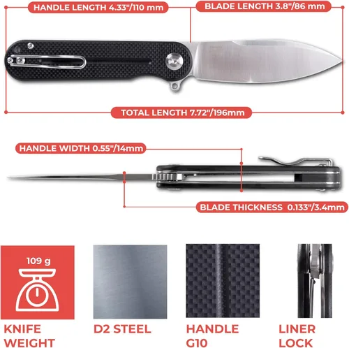 Vista 40 de Firebird Ganzo FH922PT-BK EDC Navaja de bolsillo plegable con filo de navaja, acero inoxidable D2, hoja negra, mango G10 con clip, cuchillo