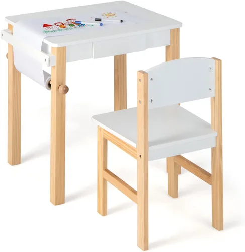 Costzon Juego de mesa y silla para niños, mesa de arte con rollo de papel, cajón, 2 rotuladores, mesa de actividades de madera, adecuada para sala