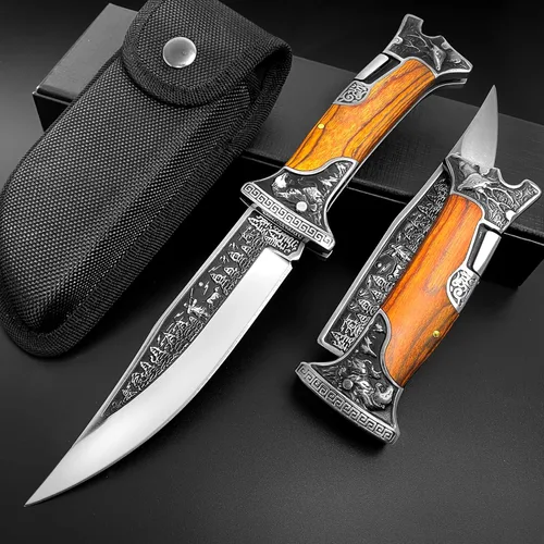 Vista 8 de MADSABRE Cuchillo de cabaña semi plegable grande de 12.7 pulgadas con hoja de 7.9 pulgadas de largo, mango de madera con patrón de relieve 3D