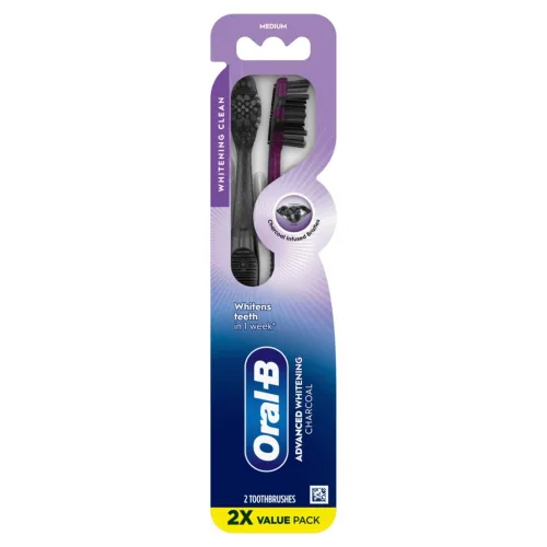Vista 6 de Oral-B Cepillo de dientes de carbón blanco 3D, paquete de 2 cepillos manuales medianos, blanquea los dientes, elimina la placa y las manchas