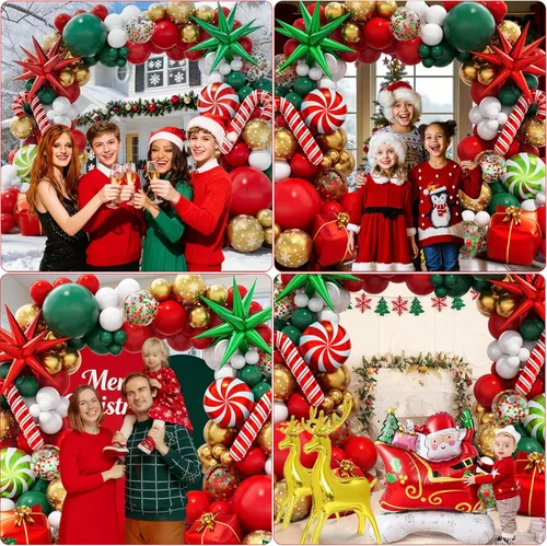 Vista 2 de Kit de guirnalda de globos de Navidad en forma de arco con globos rojos, blancos, verdes y dorados, globos de confeti, caramelo, bastón de caramelo