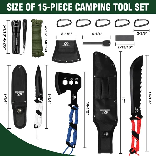 Vista 3 de Juego de hacha y machete Mossy Oak con funda, hacha de una pieza y cuchillos de caza con mango de paracord, linterna zoomable, muchas otras