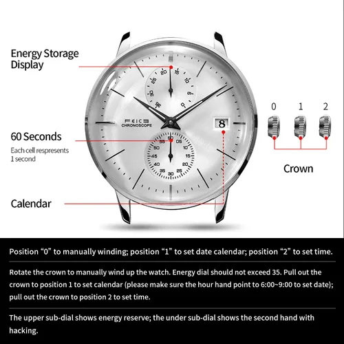 Vista 7 de FEICE Reloj mecánico automático para hombre, de acero inoxidable, correa de cuero, analógico, curvado, acabado cepillado, estilo casual