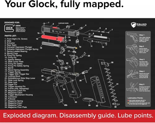 Vista 6 de Falko Tactical Alfombrilla de Limpieza de Armas para Glock - Alfombrilla de Armas de Doble Grosor - Diagrama de Despiece HD que Incluye Lista