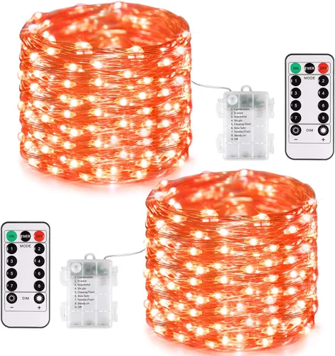 Vista 23 de JMEXSUSS Paquete de 2 Luces de Hadas Verdes a Batería, Total 200 LED 66 pies Luces de Cadena Parpadeantes con Control Remoto, 8 Modos de Luces