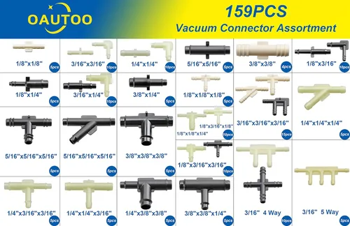 Vista 2 de OAUTOO Conector de tubo de vacío automotriz de 32 tamaños Kit surtido de conectores en T de vacío 1/8 "3/16" 1/4" 5/16" 3/8