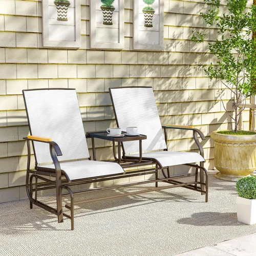 Vista 9 de Outsunny Banco planeador para 2 personas, silla de columpio para patio, sofá biplaza con malla transpirable, mesa, marco de acero para jardín, patio