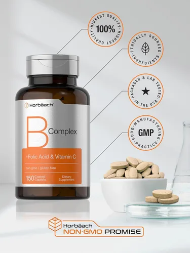 Vista 6 de Horbaach B Complex Vitaminas para mujeres y hombres 150 cápsulas con ácido fólico y vitamina C Suplemento sin OMG y sin gluten
