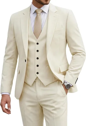 Vista 7 de Traje de 3 piezas para hombre con corbata, chaleco sólido de un botón y beige (529-beige)