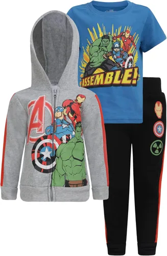 Marvel Avengers Boys 3 Piece Zip Up Hoodie, T-Shirt and Jogger Pants Set for Toddler and Little Kids