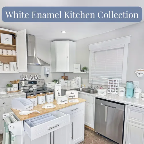 Vista 9 de AuldHome Design Plato de mantequilla esmaltado grande (blanco); plato de mantequilla esmaltada de granja con tapa y tapa