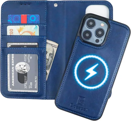 Vista 13 de Funda tipo cartera desmontable Bocasal para iPhone 15 Pro Max con bloqueo RFID, ranuras para tarjetas, soporte magnético, cuero PU premium, atril