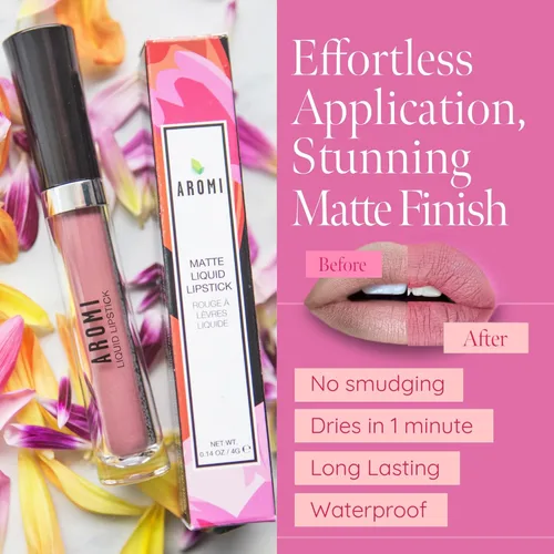 Vista 2 de Aromi Lápiz labial líquido mate, de larga duración, color de labios rosa polvoriento, impermeable, sombra rosa nude, maquillaje vegano, libre