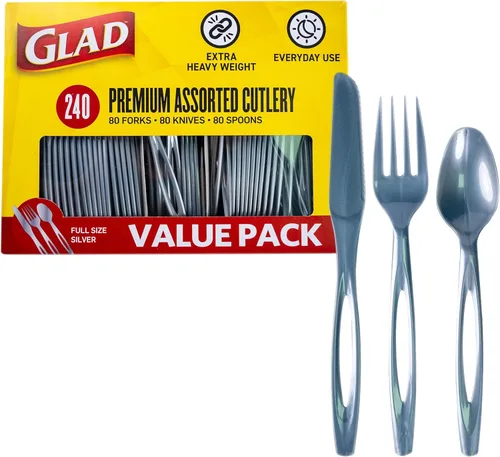 Vista 11 de Glad Juego de cubiertos desechables transparentes con tenedores, cuchillos y cucharas de plástico resistente, utensilios de plástico reutilizables