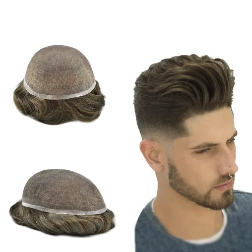 Vista 36 de Toupee - Sistema de reemplazo de piezas de cabello humano real, encaje suizo suave frontal para hombre, nudo blanqueado, línea capilar natural