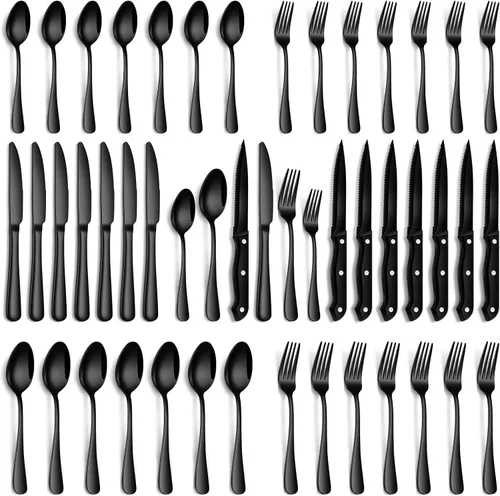 Vista 12 de PHILIPALA Juego de cubiertos negros de 24 piezas con cuchillos de carne, juego de cubiertos de acero inoxidable de grado alimenticio para 4, juego