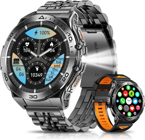 Military Smart Watch for Men (2 Bands), AMOLED Rugged Tactical Smartwatch with Flashlight & Bluetooth Call, Waterproof Fitness Tracker with 116