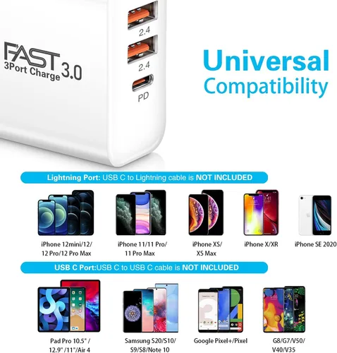 Vista 6 de iSeekerKit - Cargador USB C, paquete de 2 unidades, 30 W, 3 puertos, tipo C, bloque de carga con PD 3.0 + 5 V/2.4 A, plegable, USB C, enchufe