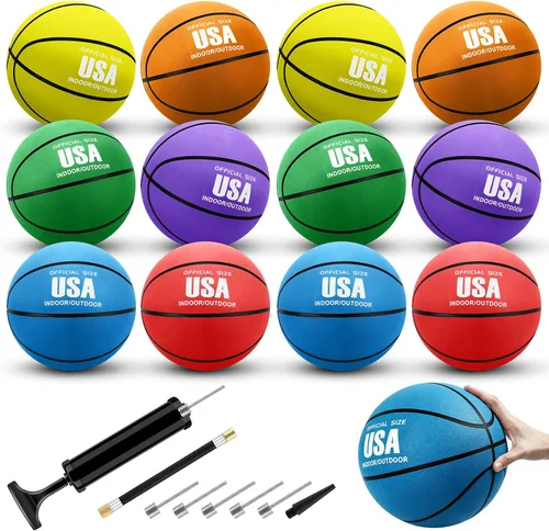 SIKEMAY 12 pelotas de baloncesto de goma a granel con bomba, baloncesto para adultos, tamaño oficial 5/6/7, juego inflable para interiores y