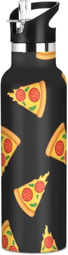 Kids Water Bottle with Straw 20 Oz Water Bottle Insulated for Boys Girls, BPA-Free, Cartoon Slices Pizza Black