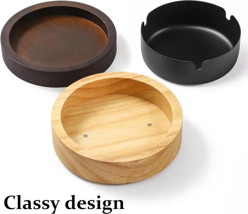 Vista 4 de Lindos ceniceros para cigarrillos, bandeja de cenizas sin humo con forro de acero inoxidable, cenicero de madera resistente al viento con tapa