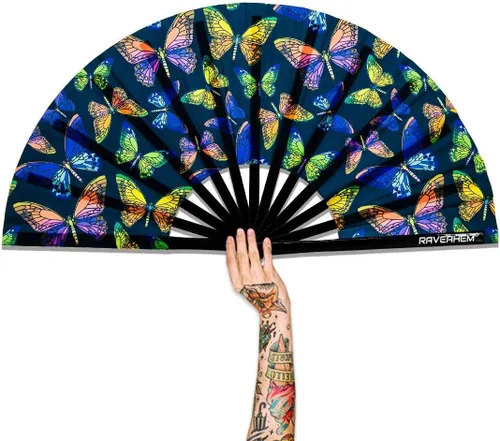 Vista 22 de Ventilador para rave con brillo UV, abanicos de mano plegables de bambú para hombres y mujeres, ventilador de botas en el suelo para decoración EDM