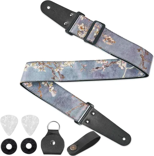 Vista 18 de QIELIZI Correa ajustable para guitarra incluye 2 cierres de correa y 2 púas a juego y 1 portapúas y 1 botón de correa de cuero.