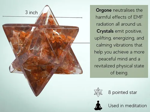 Vista 4 de Estrella Merkaba de orgón de cristal grande de cornalina para meditación curativa de Reiki y rejilla de cristal