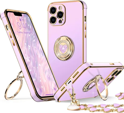 Vista 27 de XYZ Funda para iPhone 12 con Soporte, Funda para Teléfono con Soporte de Doble Anillo, Funda Protectora de Lujo Brillante para Mujeres y Niñas