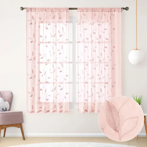Vista 10 de HOMEIDEAS Cortinas traslúcidas amarillas de 84 pulgadas de largo, 2 paneles de cortinas bordadas con patrón floral amarillo y blanco, cortinas