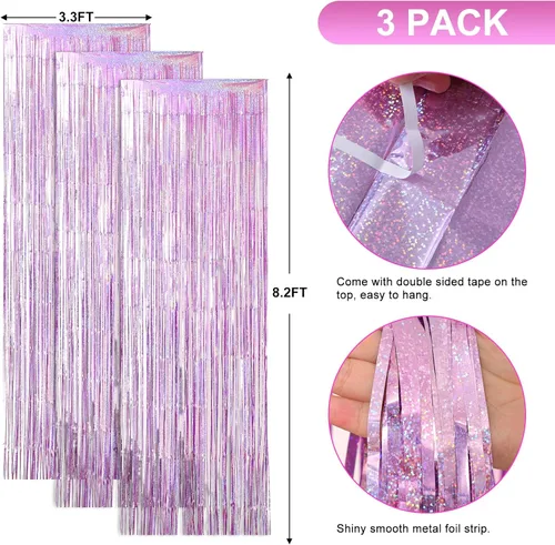 Vista 3 de RUBFAC 3 cortinas de telón de fondo con flecos de purpurina rosa de 3.3 x 8.2 pies, serpentinas de oropel, decoración de fiesta de cumpleaños, telón