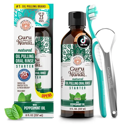 GuruNanda Enjuague Bucal Inicial con Aceite de Tración para Blanqueamiento Natural de Dientes, Aceite de Coco y Menta para Aliento Fresco y Encías