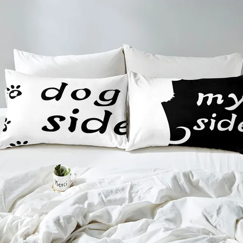 Vista 4 de Juego de ropa de cama estampada con diseño de perro y mi lado, tamaño King, diseño de pareja, color negro y blanco, juego de ropa de cama de perro