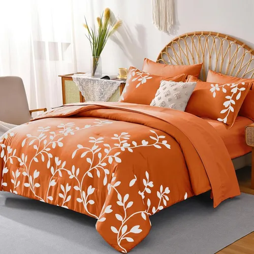 Vista 10 de Juego de edredón tamaño King, 7 piezas con estampado botánico floral blanco en negro, juego de edredón con sábanas, juego de ropa de cama