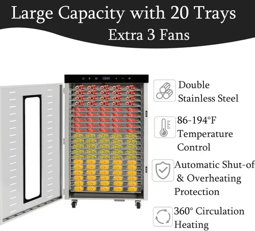 Vista 2 de Máquina deshidratadora de alimentos eléctrica comercial con ruedas, 1700 W, 20 bandejas, deshidratador de alimentos de acero inoxidable para carne