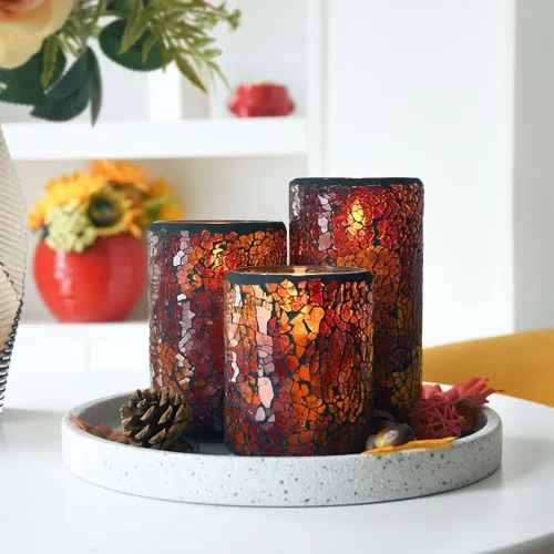 Vista 6 de TELOSMA Vela LED de mosaico sin llama, color rojo y amarillo con patrón de vidrio agrietado, vela de pilar – centros de mesa, cama, chimenea